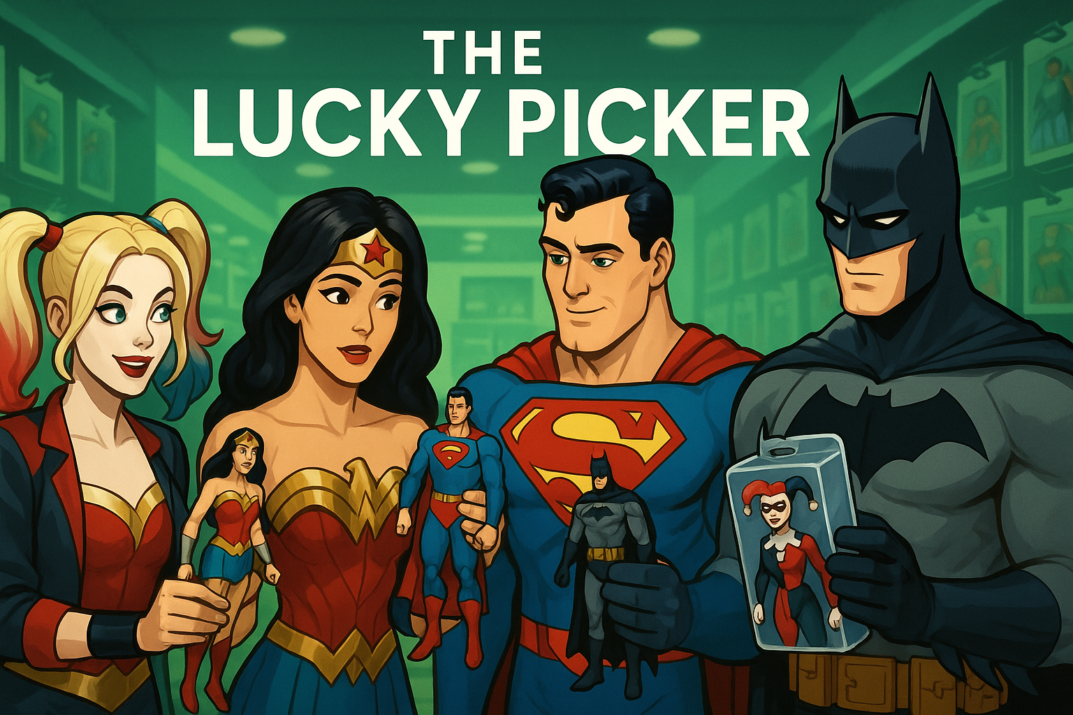 Superheroes holding each other's action figures with green background
